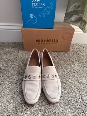 Bernardo Beige Suede Loafers with Metal Eyelet Accent
